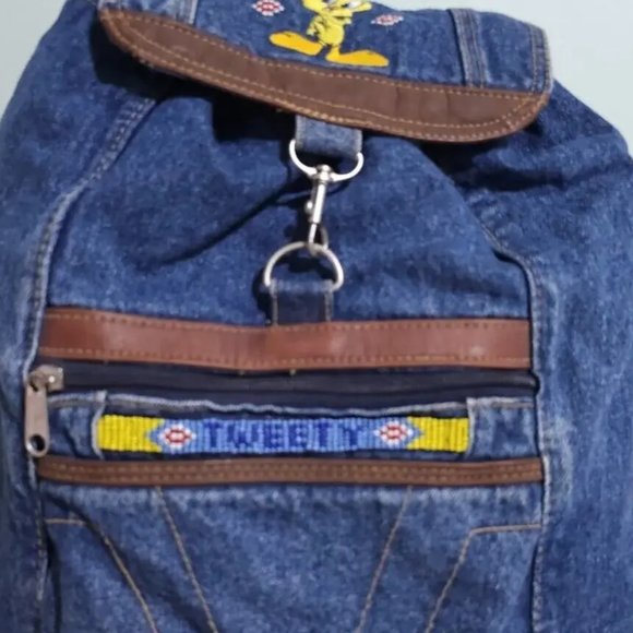 VINTAGE Y2K Jaclyn Looney Tunes Tweety Bird Beaded Denim Jean Big Backpack Bag - Picture 11 of 13
